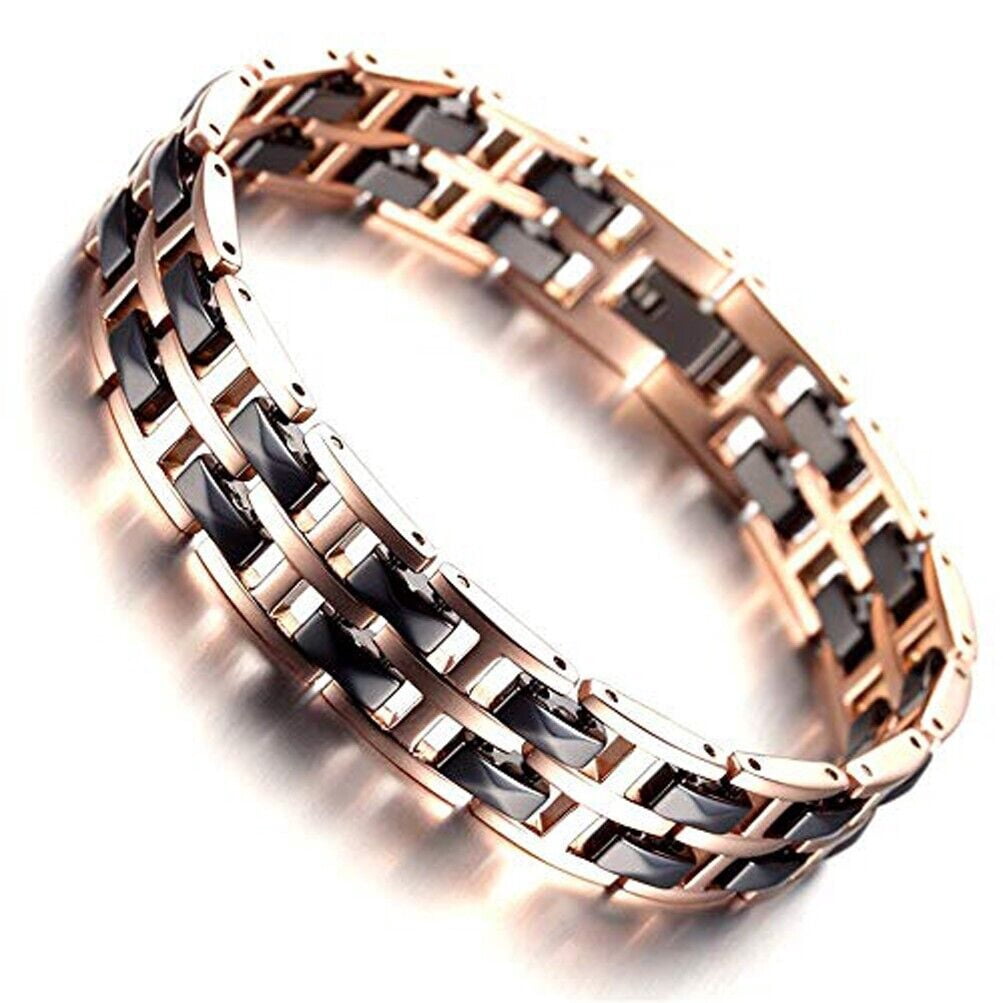 8.0" Inch Mens Rose Gold & Black Bracelet. Two-Tone Tungsten Ceramic + Fancy Box