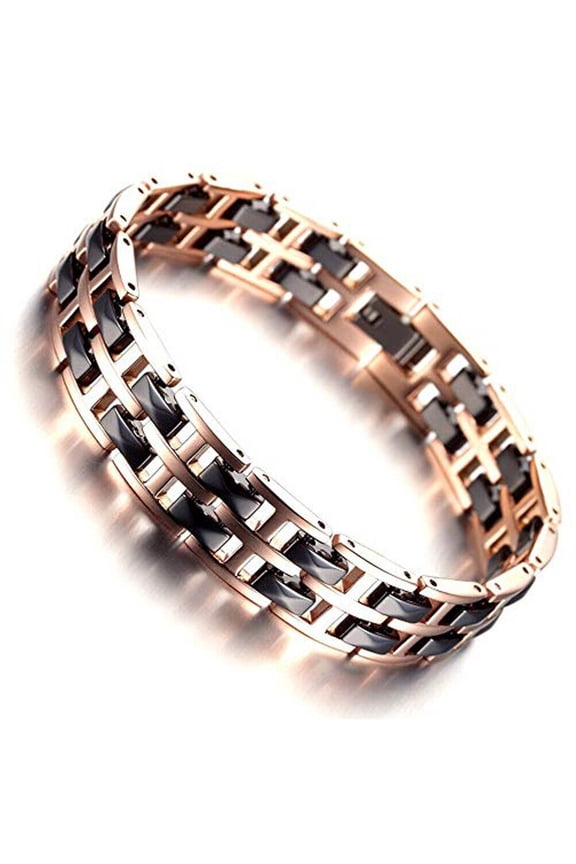 8.0" Inch Mens Rose Gold & Black Bracelet. Two-Tone Tungsten Ceramic + Fancy Box