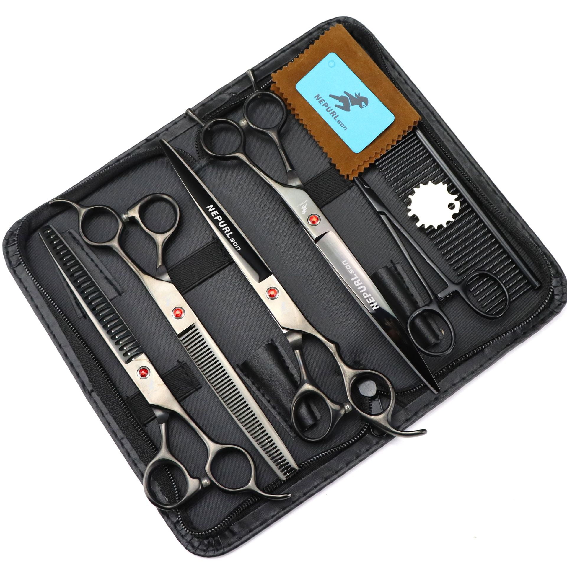 8.0 Inch Pet Grooming Scissors Set - TTOOGO Black Dog Hair Cutting Shears Kit with Straight, Curved, and Thinning Blades for Professional Groomers