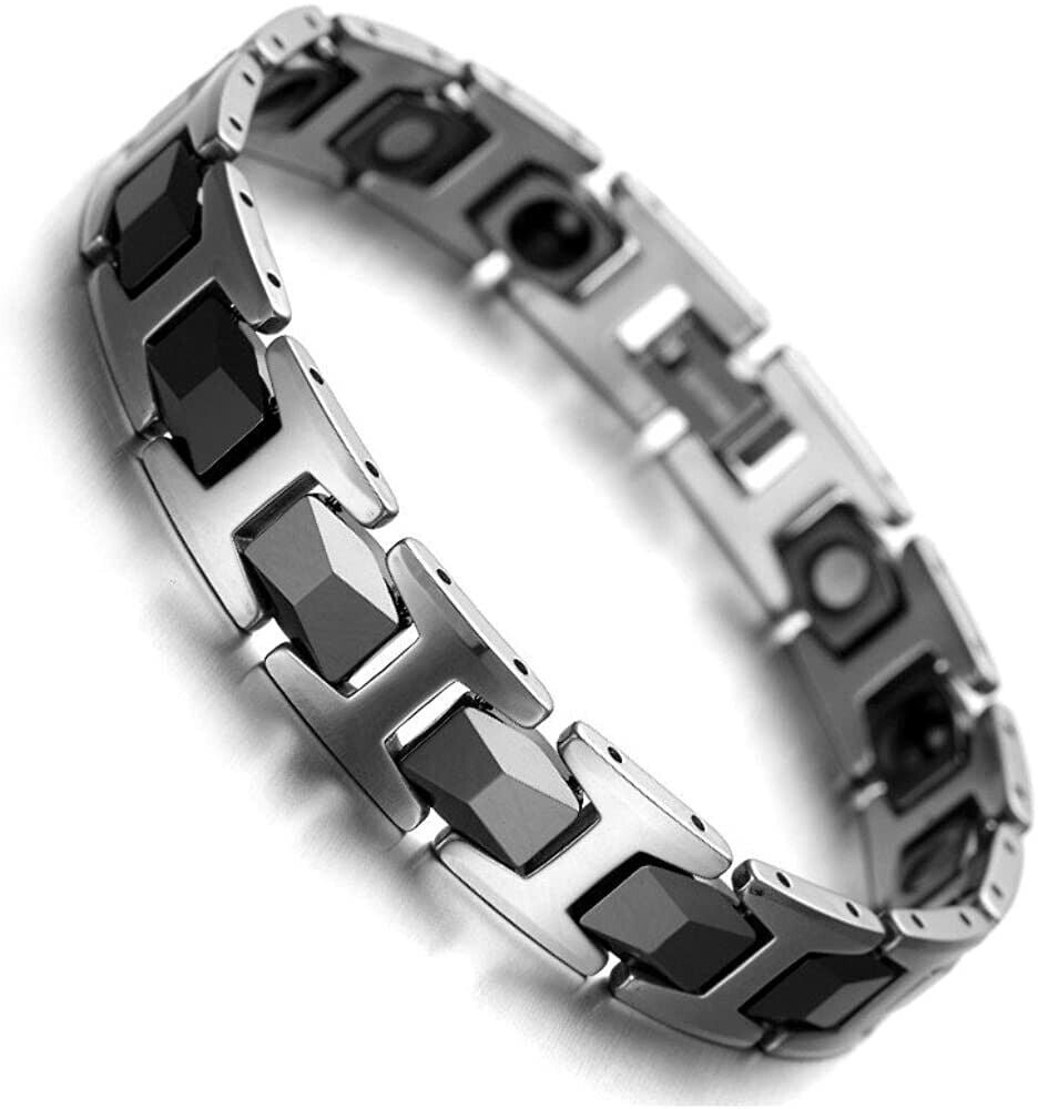 8.0" Mens Silver & Black Two-Tone Faceted Magnetic Tungsten Bracelet + Fancy Box