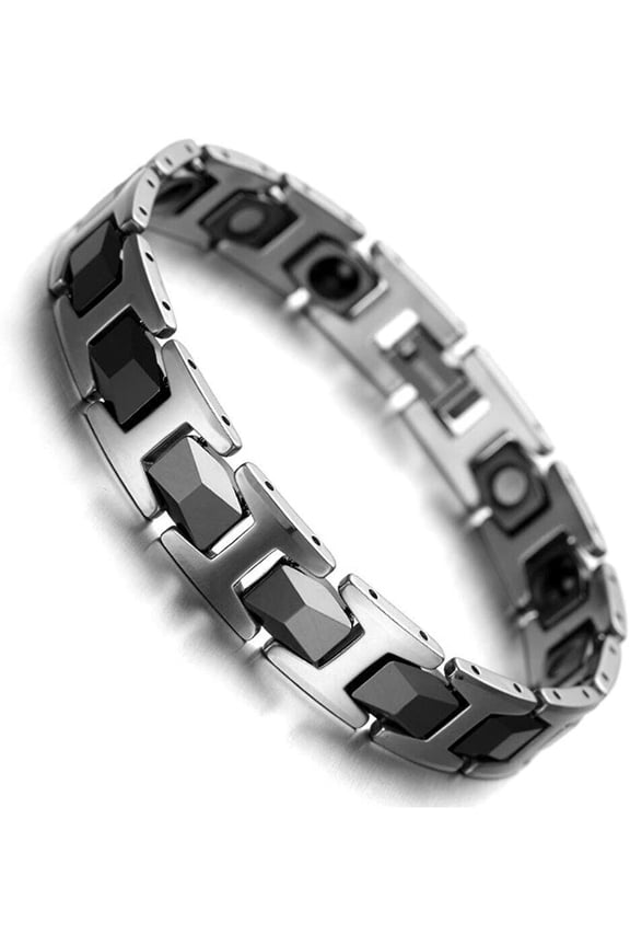 8.0" Mens Silver & Black Two-Tone Faceted Magnetic Tungsten Bracelet + Fancy Box
