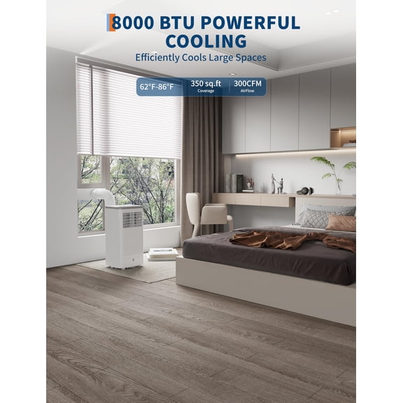 8,000 BTU Portable Air Conditioner, 3-in-1 Portable AC Units for Rooms with Cool/Dry/Fan Modes, Fast Cooling Up to 350 Sq. Ft, Drainage-free Cooling, 50 dB Quiet Sleep Mode, Black&White Cover