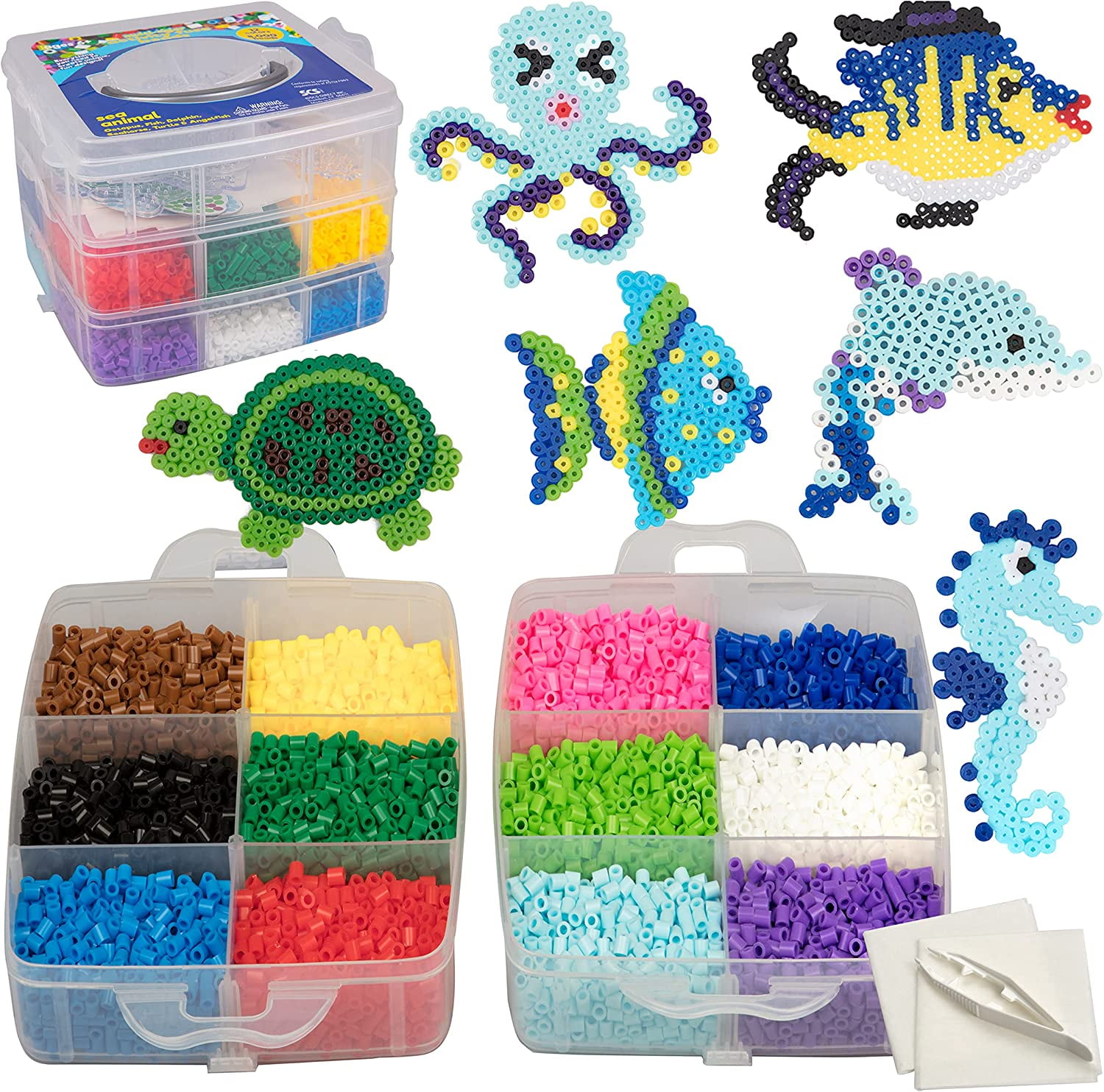 8,000 pc Fuse Bead Super Kit w/ Sea Animal Pegboards & Templates, Immediate Shipping - 12 Colors, 6 Peg Boards, Tweezers, Ironing Paper, Case - Works with Perler Beads- Great Gift, Pixel Art Project