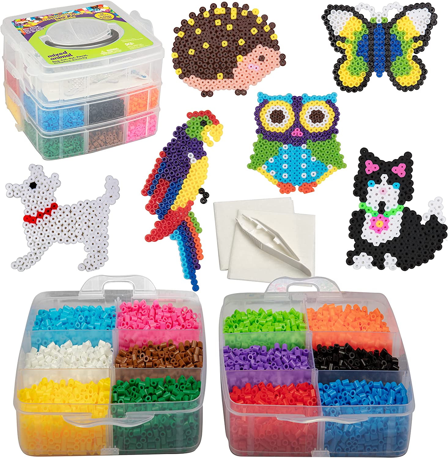 H&W 24 Colors 5mm Fuse Bead Set for Kids, with Color Number & Supply Refill Bag, 2 Tweezers, 2 Big Peg Boards, 5 Ironing Paper, Parts(WA1-Z1)