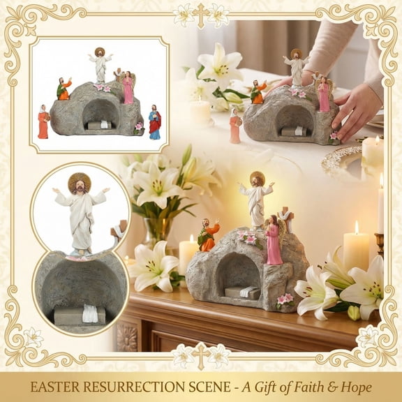 8.07in Easter Resurrection Scene Figurine Set, Religious Resin Tabletop Display Decor for Home, Church, Holiday Gift, Nativity Style Resurrection Tomb Decoration