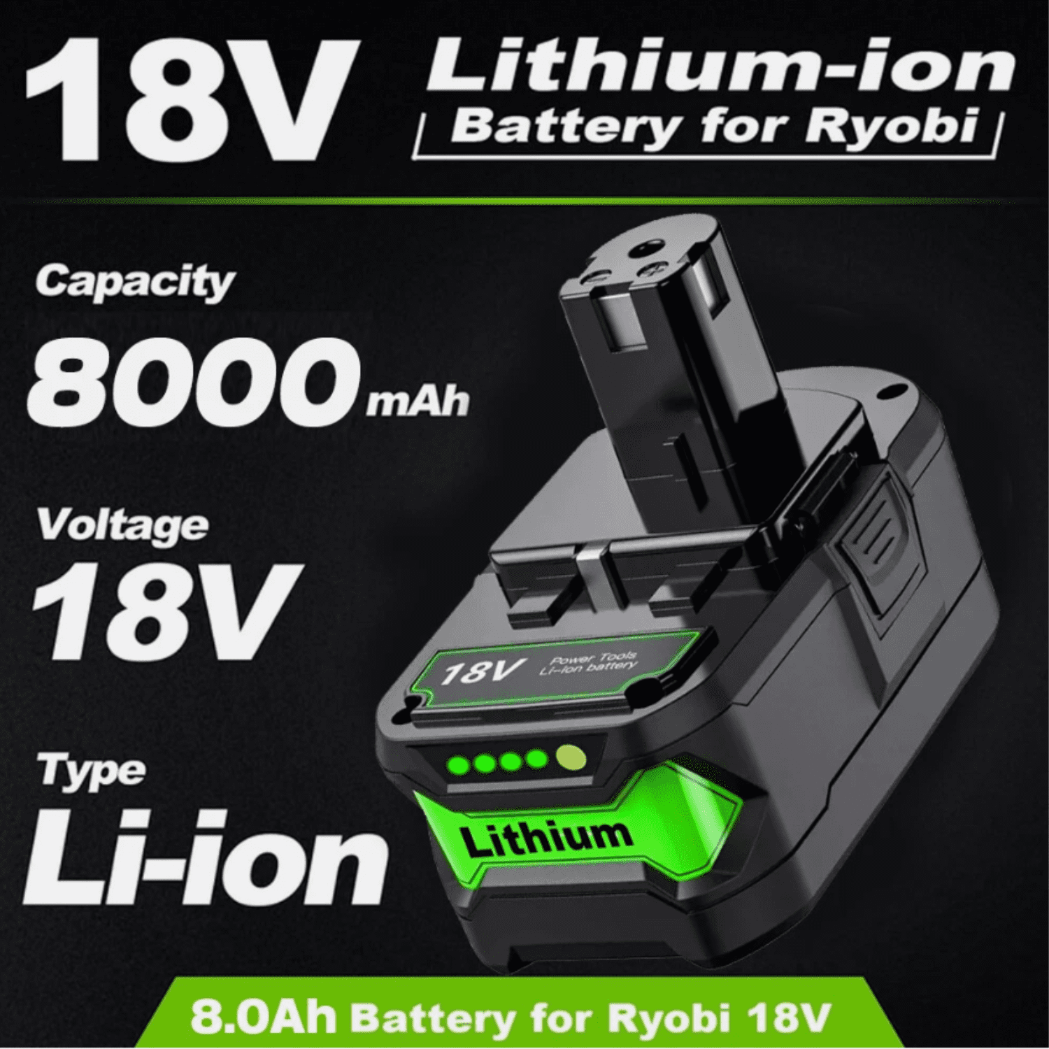 8.0Ah Replacement for Ryobi 18V Battery Compatible with 18V Battery ONE+ Lithium-ion P108 P102 P103 P105 P107 Cordless Power Tools
