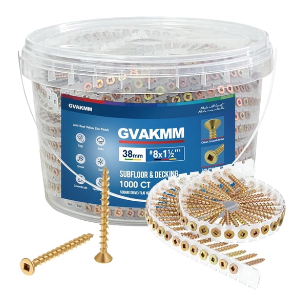 #81-1/2 in Subfloor & Decking Collated Screws 1000 Count, Square Drive Flat Head, Anti-Rust Yellow Zinc Finish, Coarse Thread Wood Screws with Storage Bucket