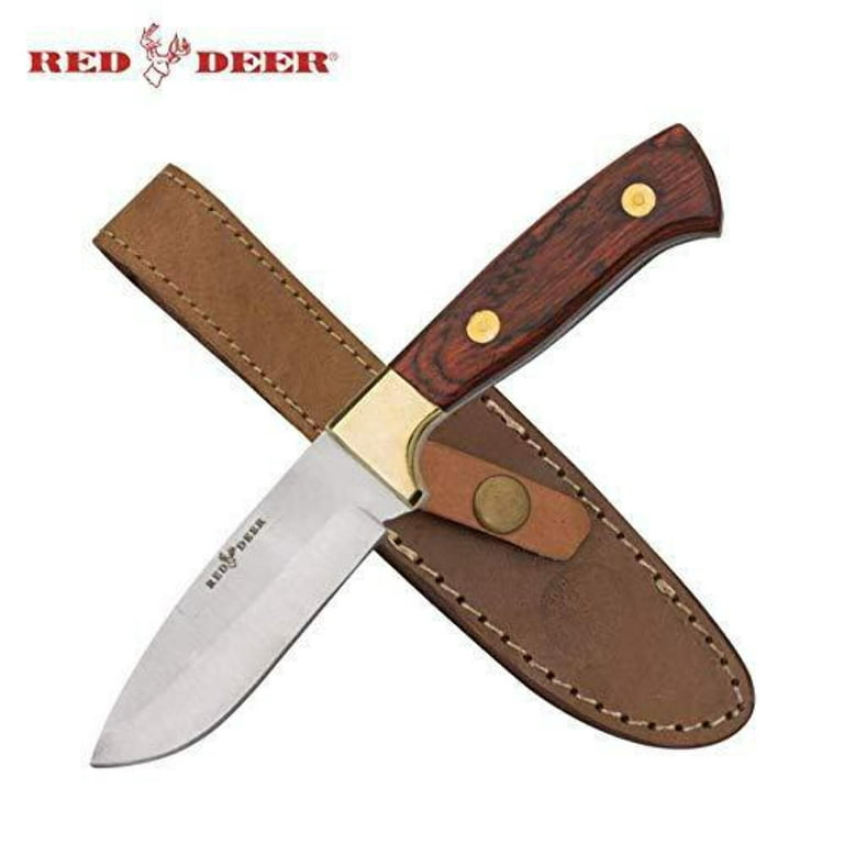 8 inch Red Deer Damascus Hunting Knife Wood Handle and Leather