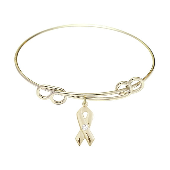 8 1/2 inch Round Double Loop Bangle Bracelet w/ Cancer Awareness medal charm w/ April Crystal Swarovski Crystal