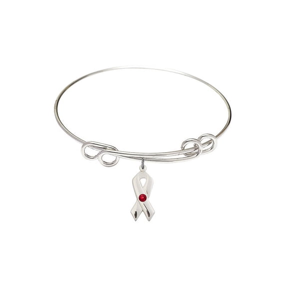 8 1/2 inch Round Double Loop Bangle Bracelet w/ Cancer Awareness medal charm w/ July Red Swarovski Crystal