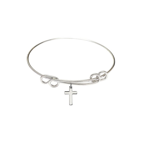 8 1/2 inch Round Double Loop Bangle Bracelet w/ Cross in Sterling Silver