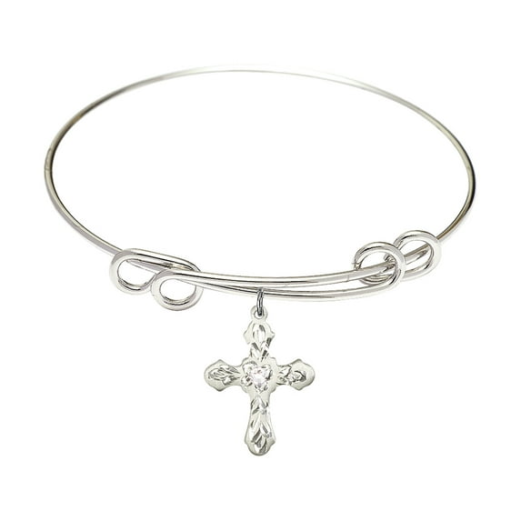 8 1/2 inch Round Double Loop Bangle Bracelet w/ Cross medal charm w/ April Crystal Swarovski Crystal