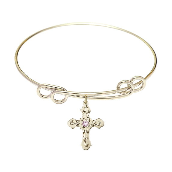 8 1/2 inch Round Double Loop Bangle Bracelet w/ Cross medal charm w/ Light Purple Swarovski Crystal