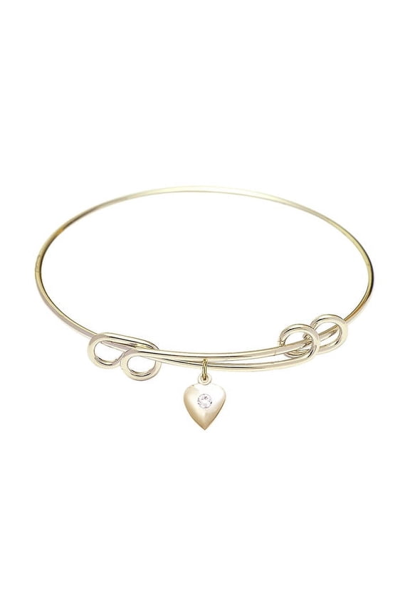 8 1/2 inch Round Double Loop Bangle Bracelet w/ Heart medal charm w/ April Crystal Swarovski Crystal