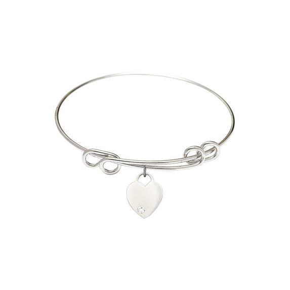 8 1/2 inch Round Double Loop Bangle Bracelet w/ Heart medal charm w/ April Crystal Swarovski Crystal