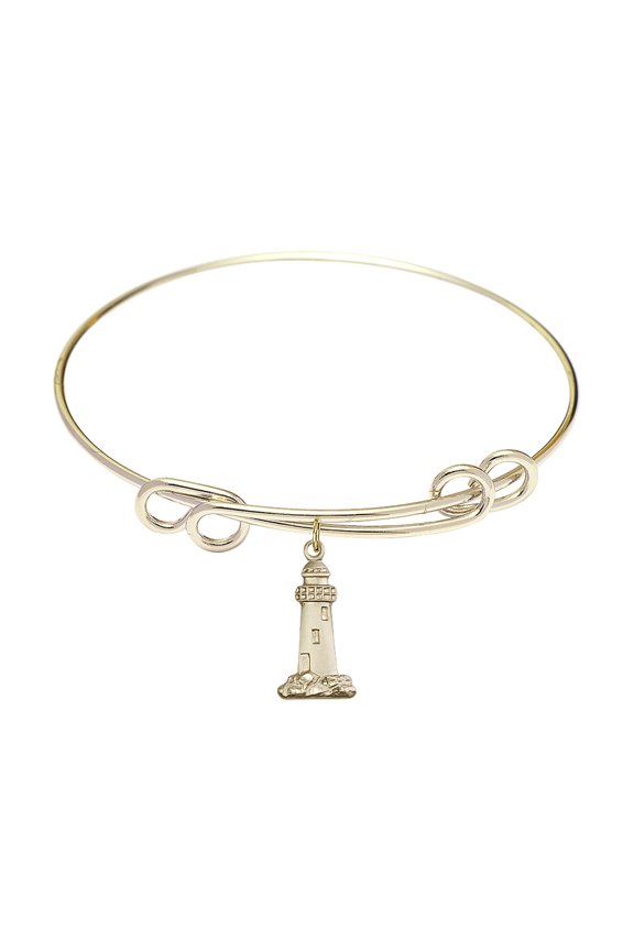 8 1/2 inch Round Double Loop Bangle Bracelet w/ Lighthouse in Gold-Filled