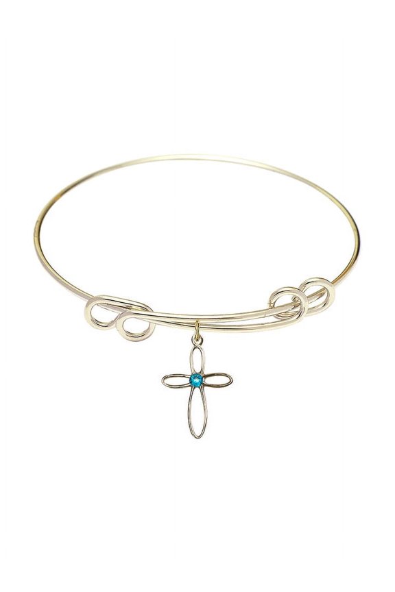 8 1/2 inch Round Double Loop Bangle Bracelet w/ Loop Cross medal charm w/ December Blue Swarovski Crystal