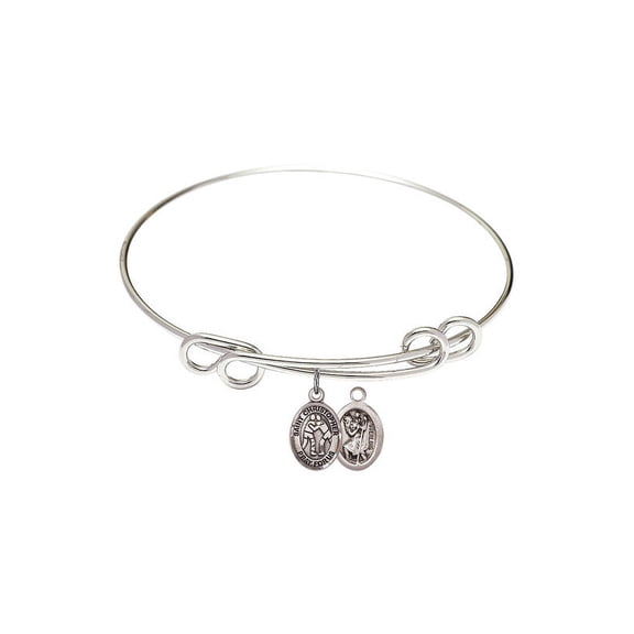 8 1/2 inch Round Double Loop Bangle Bracelet w/ St. Christopher/Wrestling in Sterling Silver