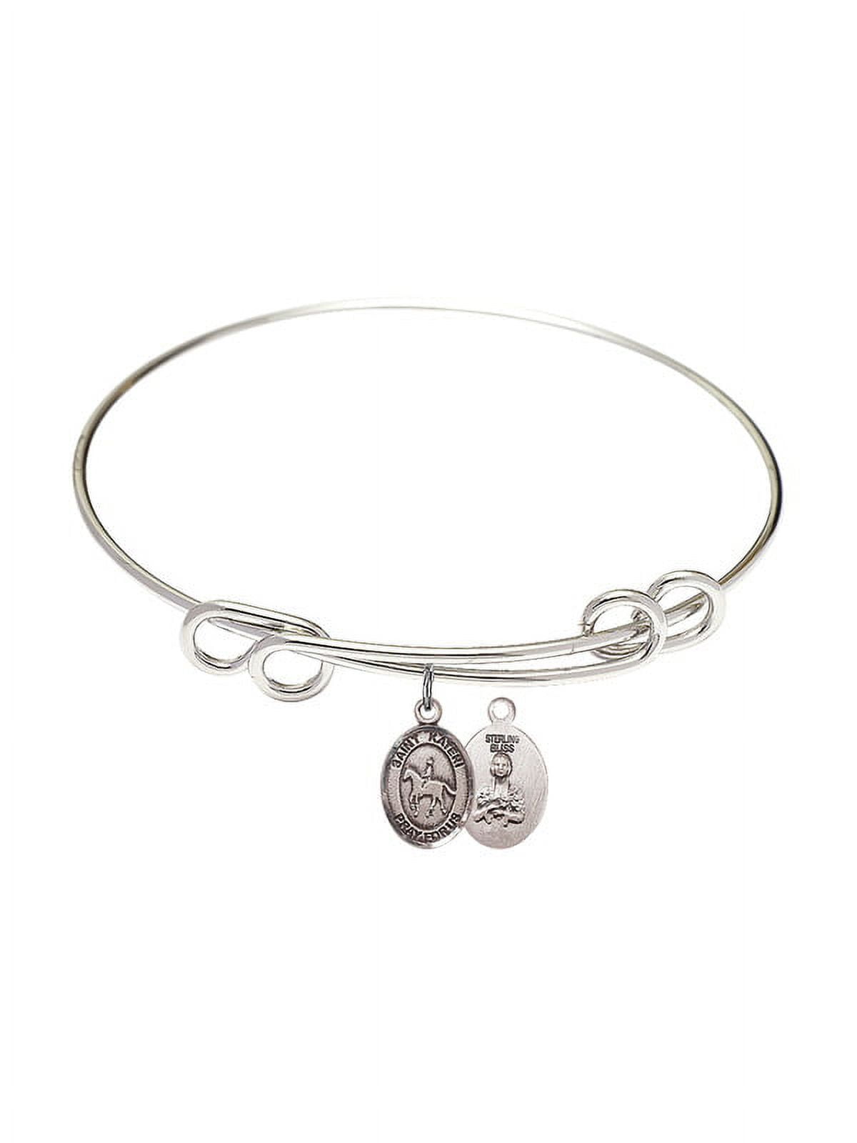8 1/2 inch Round Double Loop Bangle Bracelet w/ St. Kateri/Equestrian in Sterling Silver