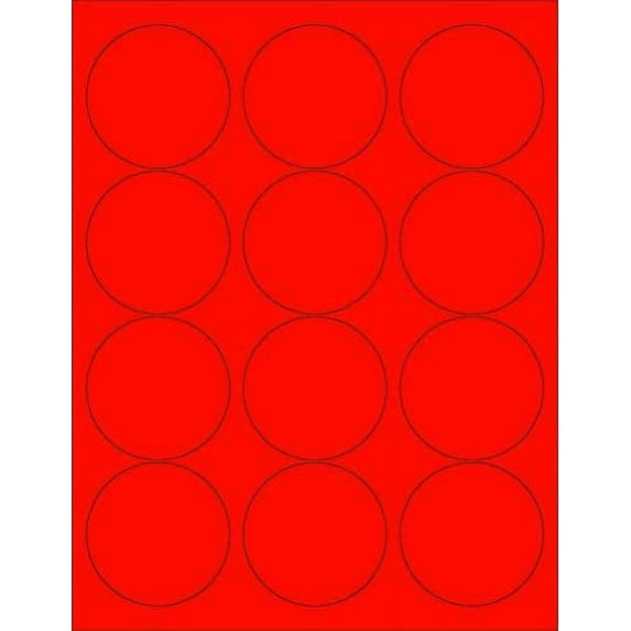 8-1/2 x 11" Neon Color High Light Fluorescent Labels for Laser & Inkjet Printer RED Fluorescent, 2.5" Round - 12 Per Page  300 Labels
