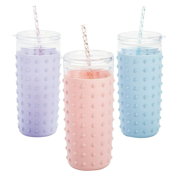 8 1/4" 32 oz. Silicone Studded Straw Reusable Cups with Clear Lid - 3 piece