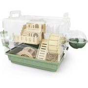 8 in 1 Acrylic Hamster Cage,2-Tier Dwarf Hamster Cage with Wooden Wheel & Hideout,Small Hamster Habitat with Accessories,Clear Pet Mice House(14" L*10" W*11" H)