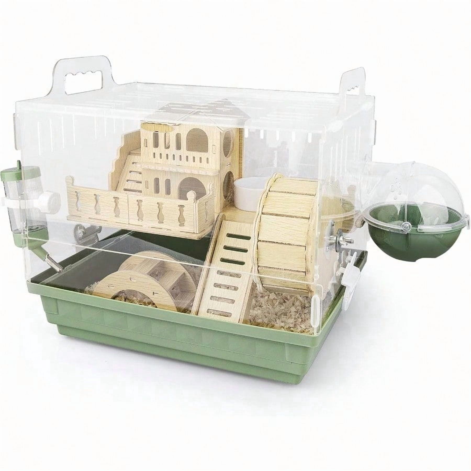 8 in 1 Acrylic Hamster Cage2Tier Dwarf Hamster Cage with Wooden Wheel Hideout Small Hamster Habitat with Accories Clear Pet Mice House Green 14 L10 W11 H