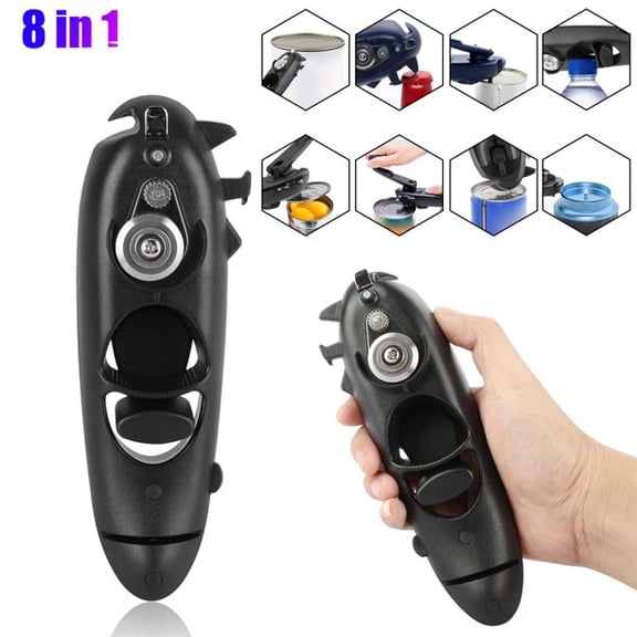 AAOMASSR 8 in 1 Can Opener, Manual Bottle Opener, Multifunction Hand Held Kitchen Tool with Rotating Handle, Stainless Steel Bottle Opener for Seniors with Arthritis (Black)