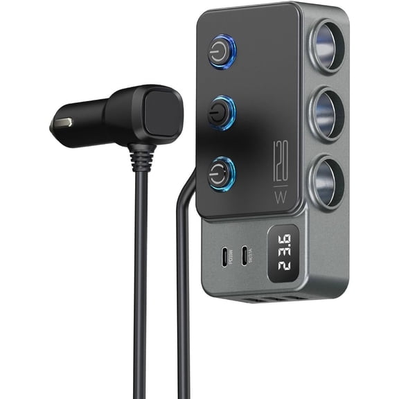 8 in 1 Cigarette Lighter Splitter, 3 Socket Car Charger Adapter, Type-C QC3.0 PD35W 5 USB C/A Fast Charging Port,12V/24V Input 120W Outlet with Built-in Protecter, Zero Risk to Car Battery & Devices