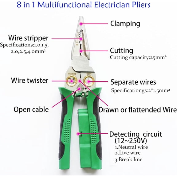 8 in 1 Electrical Wire Stripper With Voltage Tester Multi-function Wire Pliers Detector Crimper, Heavy Duty 12-250V AC/DC Tester for Hot/Neutral Wires$$Tools & Hardware Other