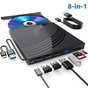 8 in 1 External CD/DVD Drive for Laptop, USB 3.0 Ultra Slim External CD/DVD Player with 4 USB-A Ports, 1 Type-C Port, 2 TF/SD Card Slots, External CD/DVD Burner Compatible with macOS/Windows/Linux