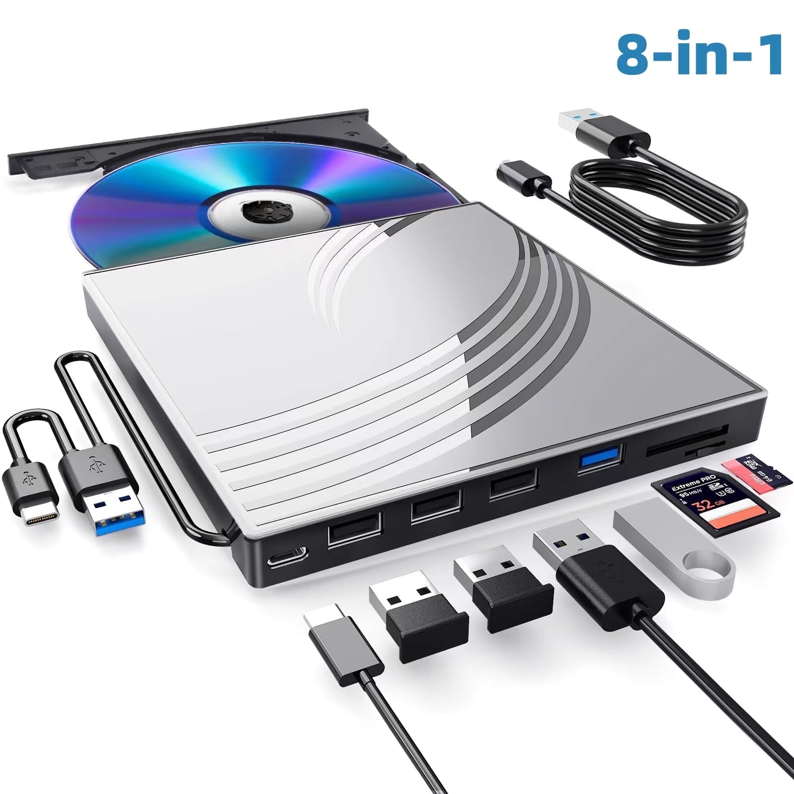 Finopo, External CD DVD Drive, Ultra Slim, 8-in-1 USB Hub, Silver