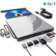 8 in 1 External CD/DVD Drive for Laptop, USB 3.0 Ultra Slim External CD/DVD Player with 4 USB-A Ports, 1 Type-C Port, 2 TF/SD Card Slots, External CD/DVD Burner Compatible with macOS/Windows/Linux
