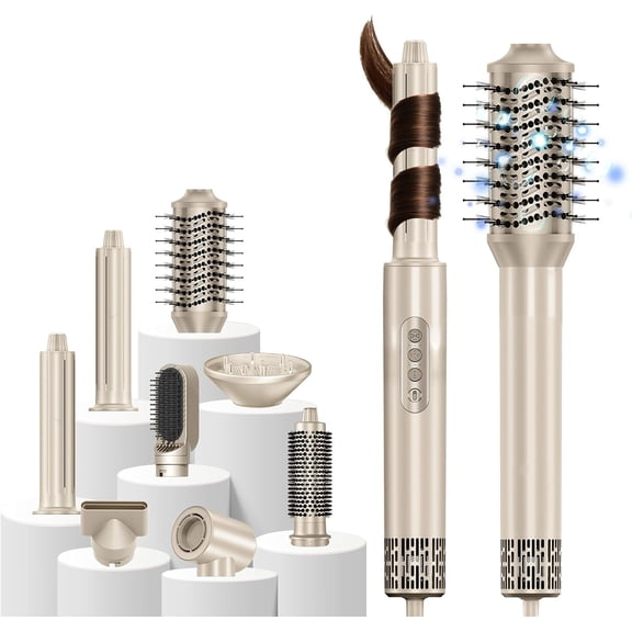 8 in 1 Hair Pro Styler & Hair Dryer Brush Blow Dryer,110000 RPM High-Speed Hot Brush Styler and Auto Wrap Curlers, Negative Ions for Straightening Curling Volumizing Drying, Champagne Gold