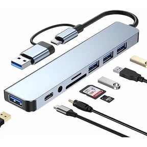 8 in 1 High Speed USB Hub Plus - USB-C Connector, TF/SD Card Reader, Audio Out, 5.3' Cable, Compatible with MacBook/iPad Pro/Dell/HP Laptops and Cell Phones, Data Transfer and Expansion