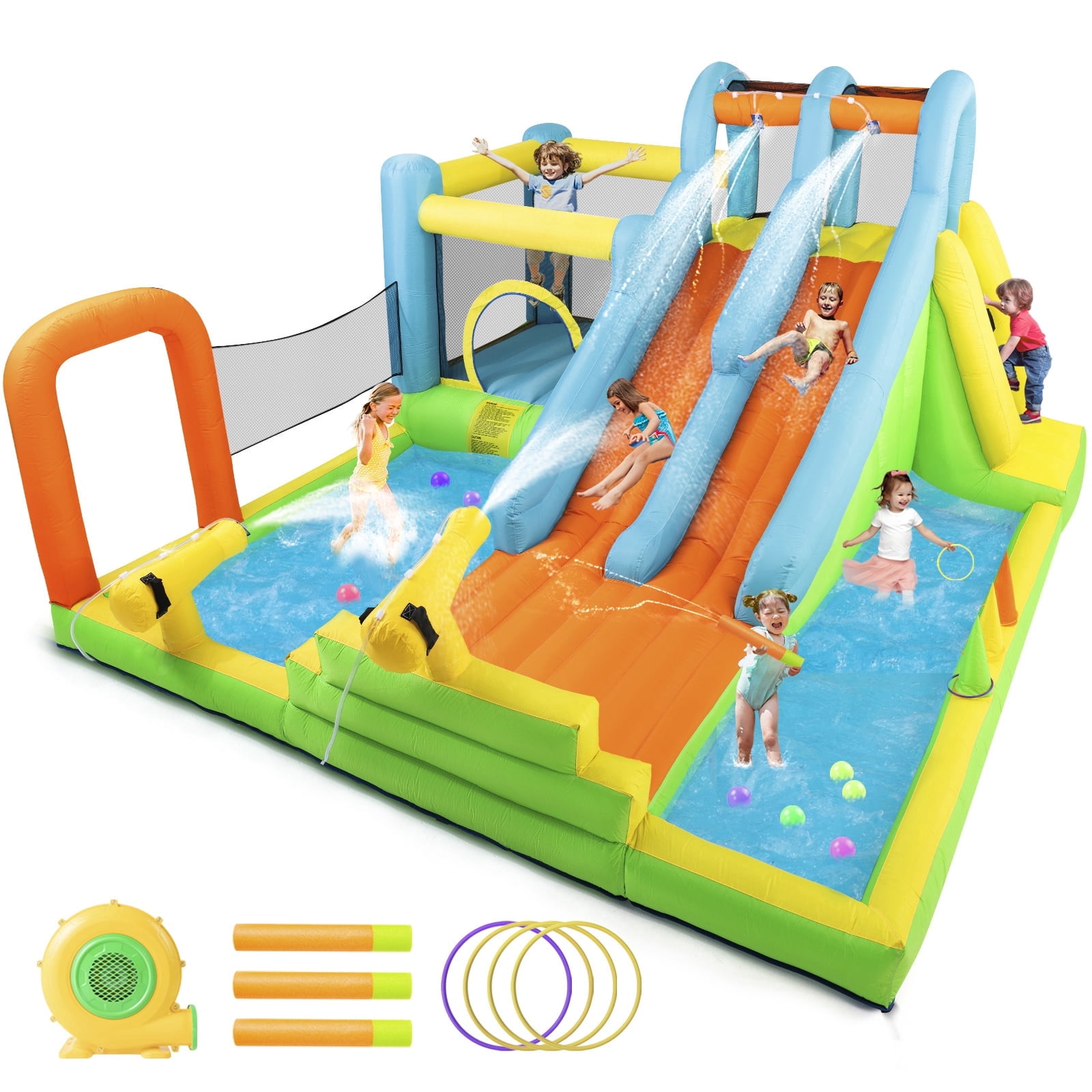 8 IN 1 Inflatable Double Water Slide Bounce House Giant Water Park Jump Castle with Climbing Wall,Splash Pool,Trampoline,Water Guns,550W Air Blower Backyard Garden Fun Playground Indoor Outdoor
