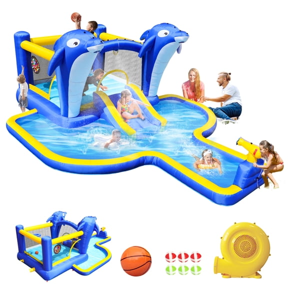 8 in 1 Inflatable Water Park Bounce House for Kids, Backyard Water Slide with Dolphin Sprinkler, Target Games, Water Gun, Basketball Hoop, Blower Included