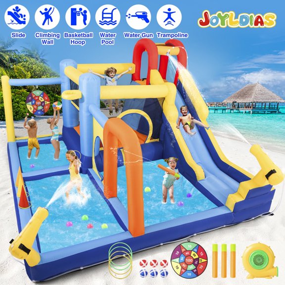 8 IN 1 Inflatable Water Slide Bouncer House Jump Castle w/Splash Pool,Climbing Wall,Basketball Hoop,Trampoline,Felt Ball Target,Ring Toss Game,Water Gun,550W Air Blower Backyard Play Outdoor Fun