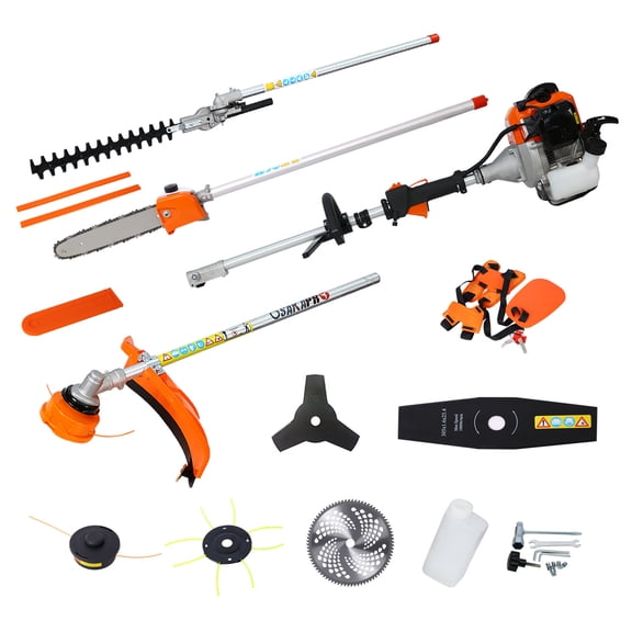 8 in 1 Multi-Functional Trimming Tool, 56CC 2-Cycle Garden Tool System with Gas Pole Saw, Hedge Trimmer, Grass Trimmer, and Brush Cutter EPA Compliant,