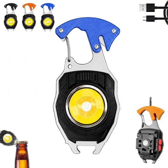 8 in 1 Multifunctional Keychain Flashlight, Portable USB Rechargeable Work Light Emergency Light with Folding Bracket Bottle Opener and Magnet Base for Camping Car Repai