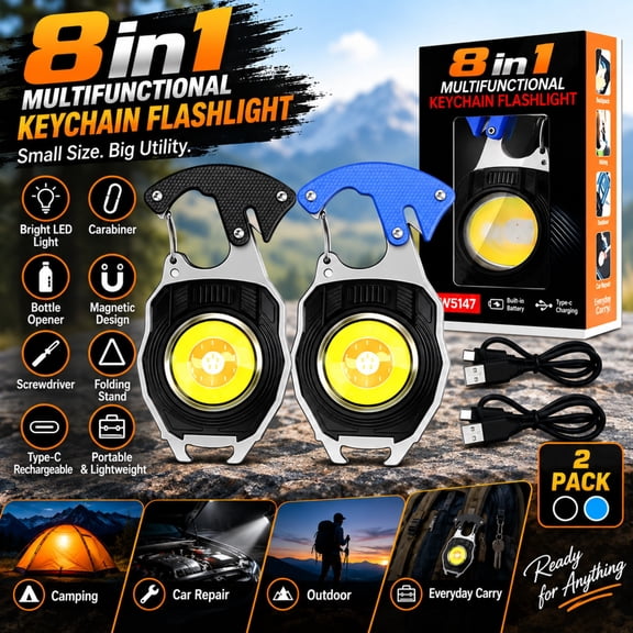 8 in 1 Multifunctional Keychain Flashlight Rechargeable COB Work Light with Carabiner Bottle Opener Magnetic EDC Multitool for Camping Outdoor Emergency