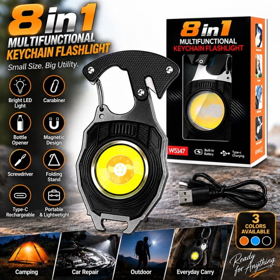 8 in 1 Multifunctional Keychain Flashlight Rechargeable COB Work Light with Carabiner Bottle Opener Magnetic EDC Multitool for Camping Outdoor Emergency