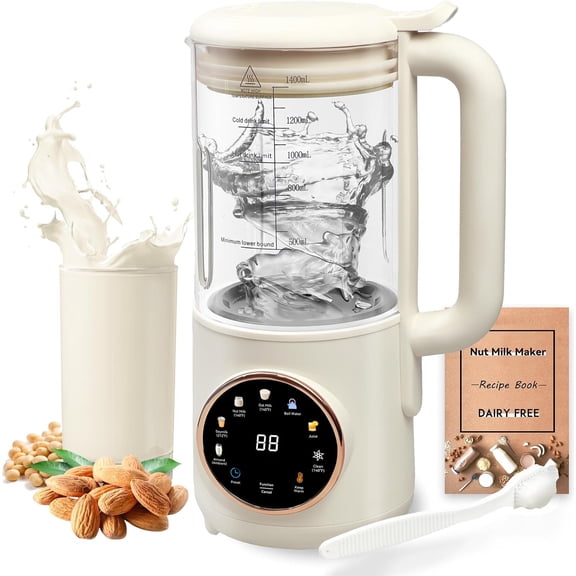 8 in 1 Nut Milk Maker Machine, 48oz Homemade Almond, Oat, Soy, Coconut, -Based and Non-Dairy Beverages with Self-Cleaning, Boil Water, Delay Start, Keep Warm, 16 Blender, Glass Jar