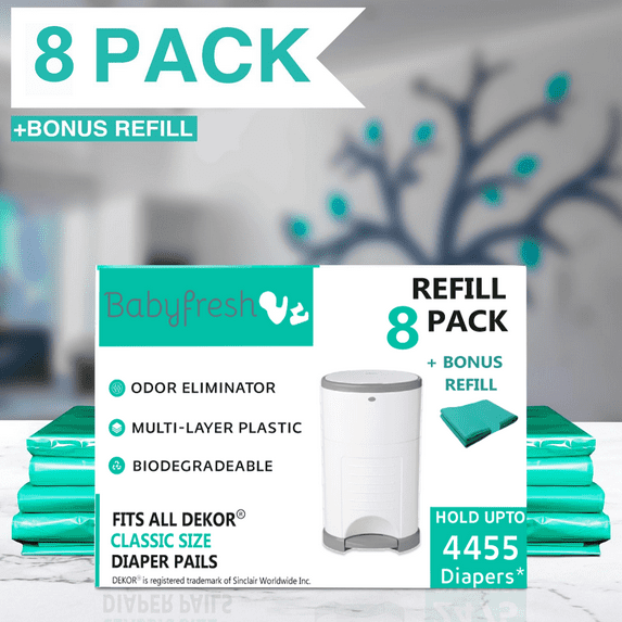 8+1 Pack Refill Bags for DEKOR CLASSIC Diaper Pails | 30% Thicker | Odor-Eliminating Fresh Powder Scent | Holds up to 5000 Diapers | Strong, Leak-Proof, Easy to Use