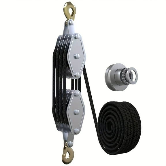 8:1 Ratio Heavy Duty Rope Hoist Pulley System - 65ft Tackle Pulley Block, with 2 Straps, for Lifting & Pulling Tasks