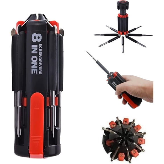 8 in 1 Screwdrivers with Worklight and Flashlight, Multifunctional Screwdriver for Home Kitchen Car, Portable General Professional Set,Without batteries Red