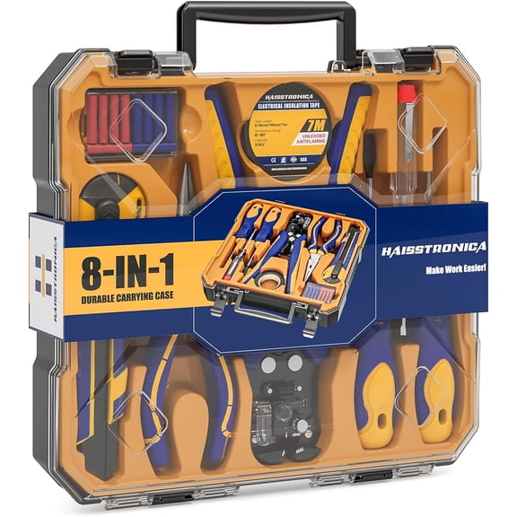 8 IN 1 Self-Adjusting Wire Stripper Household Tool Kit, Professional Electrician Tool Set, Needle Nose Pliers, Screwdriver, Voltage Detector Pen, Knife, Insulating Tape, Wire Connectors