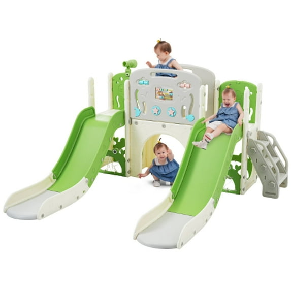 Kids Slide Structure 8 In 1,Freestanding Ocean Themed Indoor Slide Set with Arch Tunnel,Basketball Hoop and Telescope,Double Slides for Toddlers,Kids Climbers Playground,Green