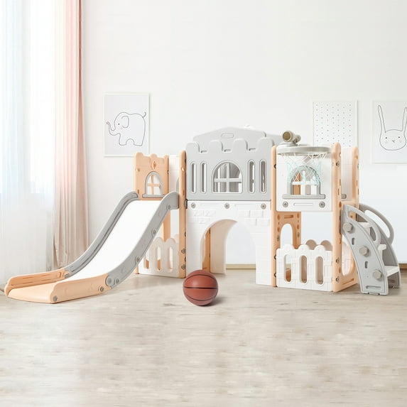 8 in 1 Toddler Slide Indoor Playground, Indoor Slide Toddler Playset for 1-3, Kids Outdoor Playground with Slide, Basketball Hoop, Climber, Crawling Tunnel, Telescope, Toy Storage, Pink Gray