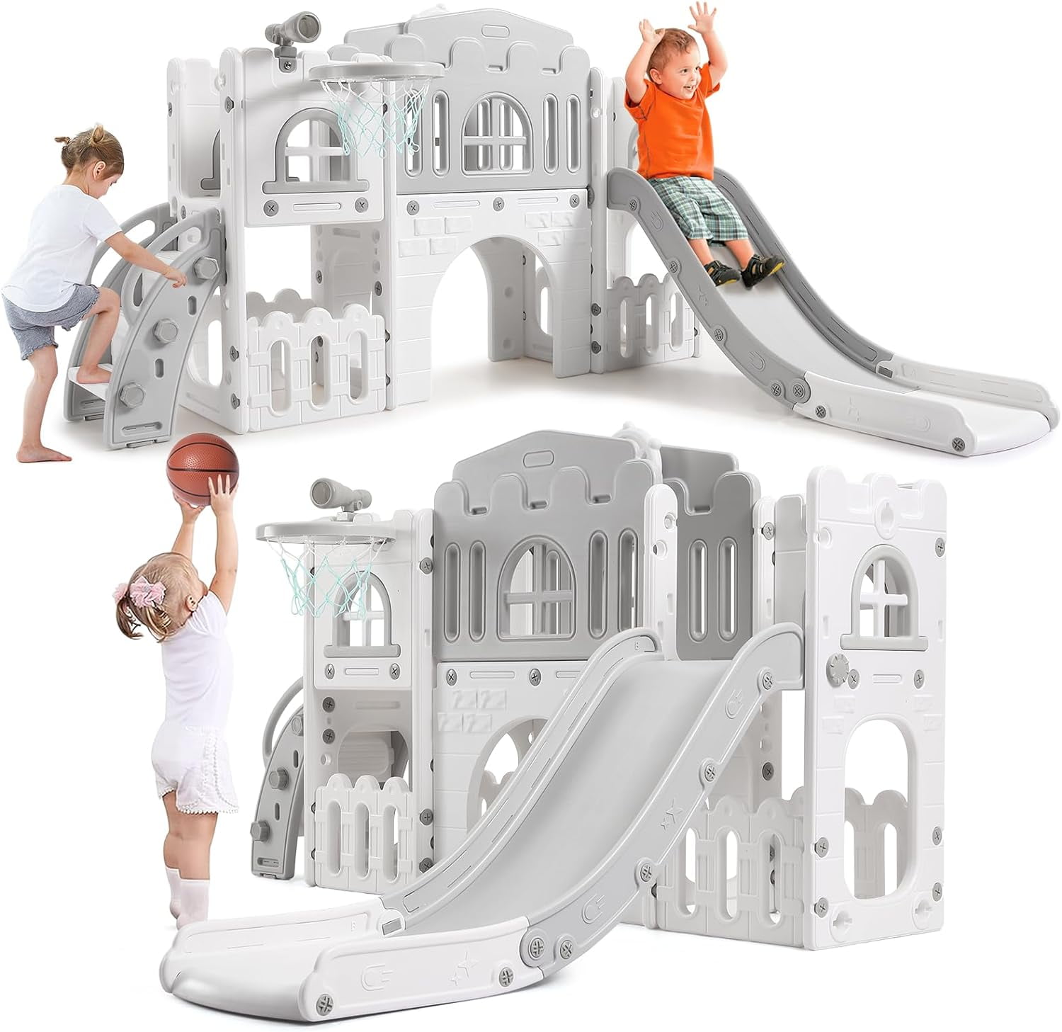 8 in 1 Toddler Slide Indoor Playground, Indoor Slide Toddler Playset for Toddlers 1-3, Kids Outdoor Playground with Slide, Basketball Hoop, Climber, Crawling Tunnel, Telescope, Grey & White